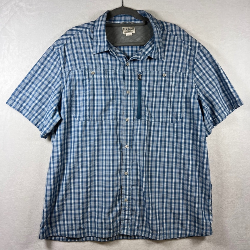 LL Bean Mens XXL Blue Plaid Short Sleeve Hiking Fishing Button Up‎ Shirt 296070